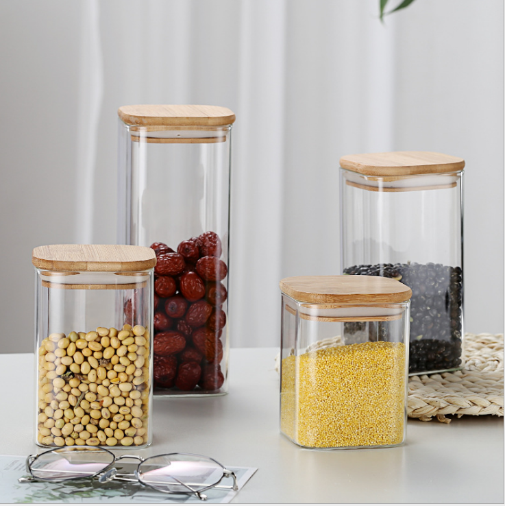 high borosilicate Glass storage container Storage Jars glass with bamboo lid,glass jar food square shape