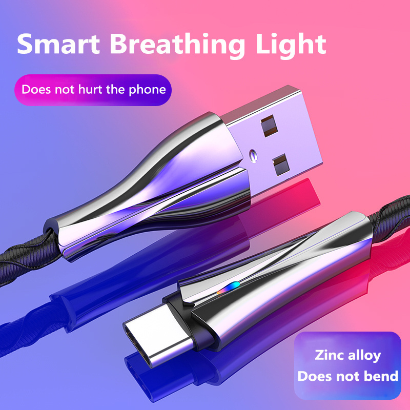 Zinc alloy 5A huawei super fast charging micro usb C Cable Nylon braided Breathing LED light charger data cable for iphone