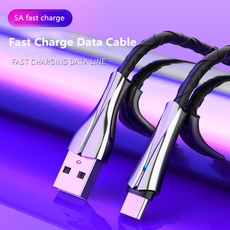 Zinc alloy 5A huawei super fast charging micro usb C Cable Nylon braided Breathing LED light charger data cable for iphone