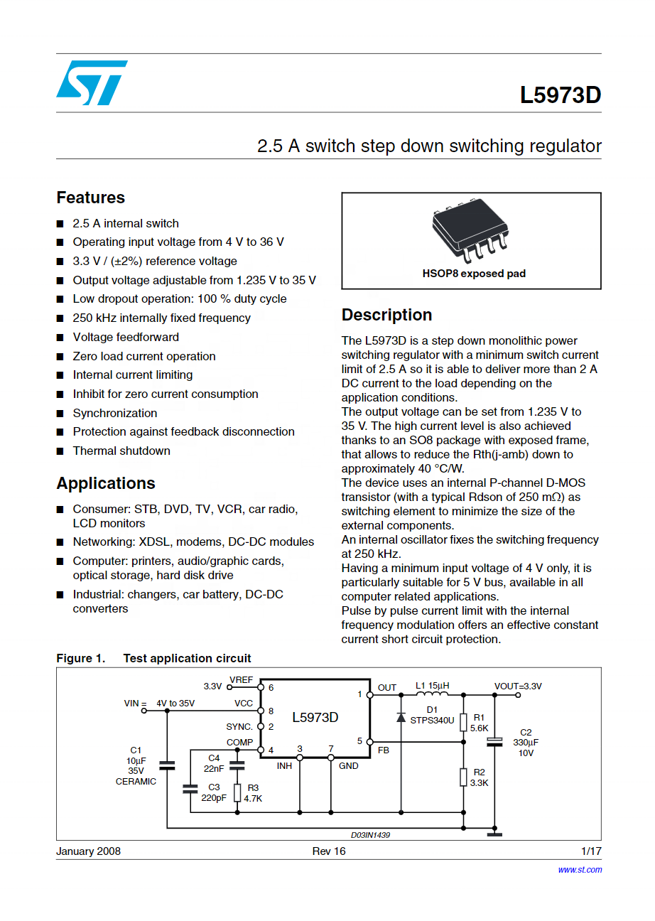 L5973D Switching Regulator or Controllers IC REG BUCK ADJ 2.5A 8HSOP integrated circuits ic chip L5973D