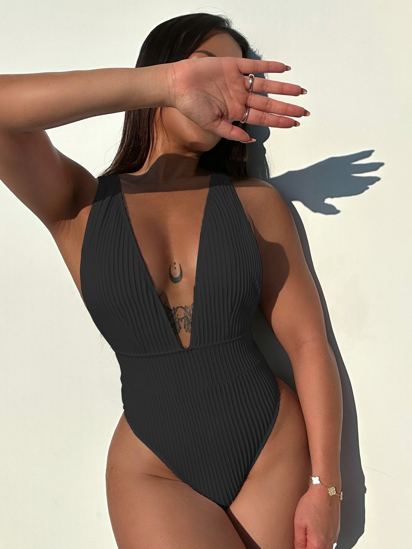 Xuanlang 3colors Ribbed Textured Sexy Deep V Neck Women Plain Color Beachwear One Piece Swimsuit Female Bikini Swimwear