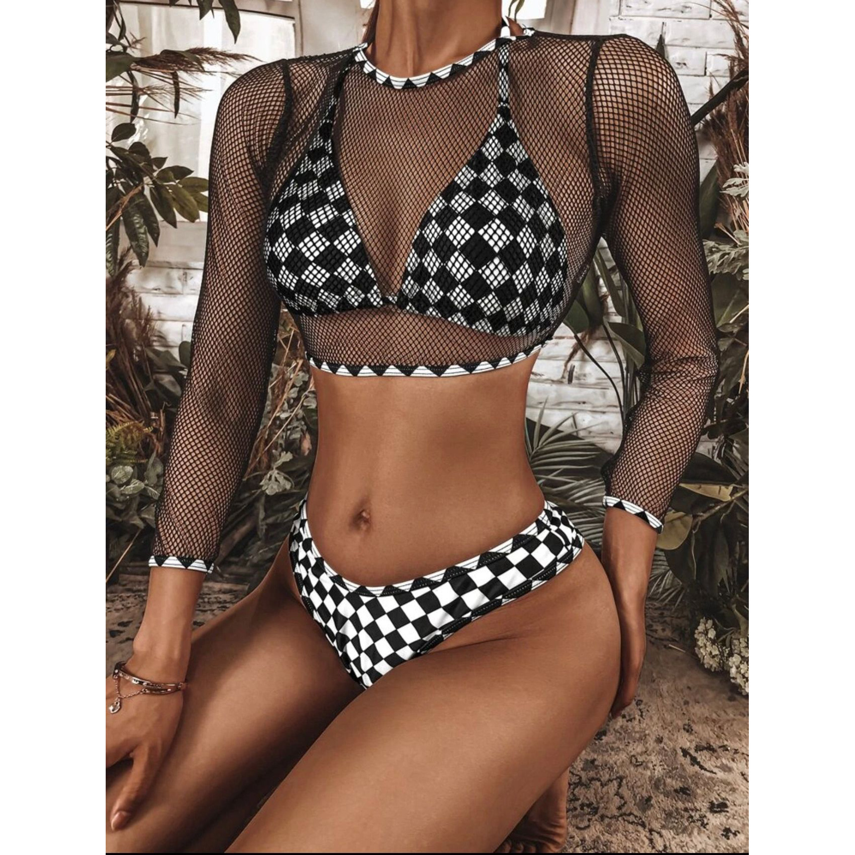 New Arrivals Double Lined Bikinixxx Sexy Women 3 Piece Swimwear Cover Up Mesh Crochet Top