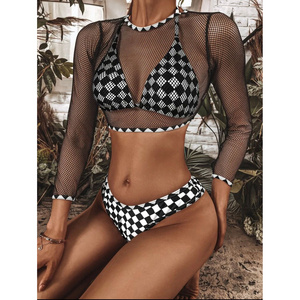 New Arrivals Double Lined Bikinixxx Sexy Women 3 Piece Swimwear Cover Up Mesh Crochet Top