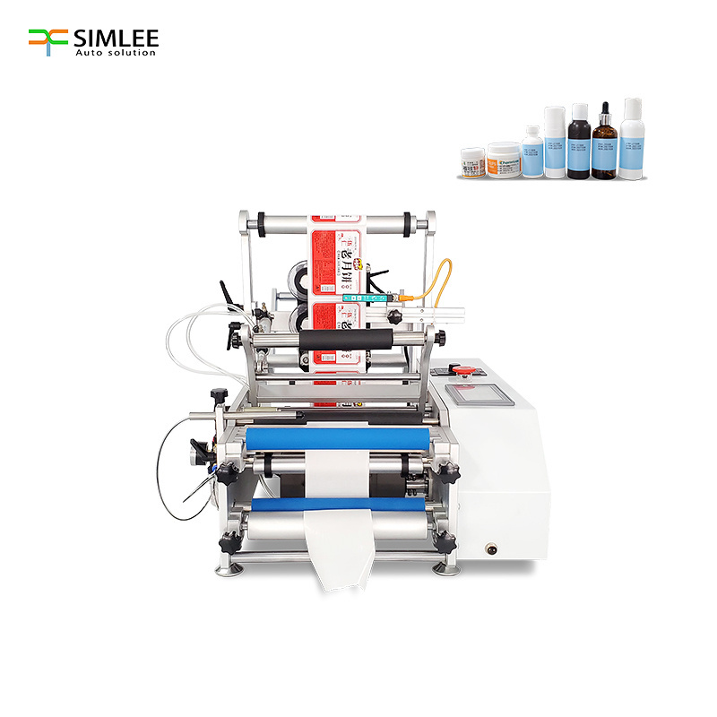 A semi-automatic round bottle labeling machine that can print information such as the production period and validity period