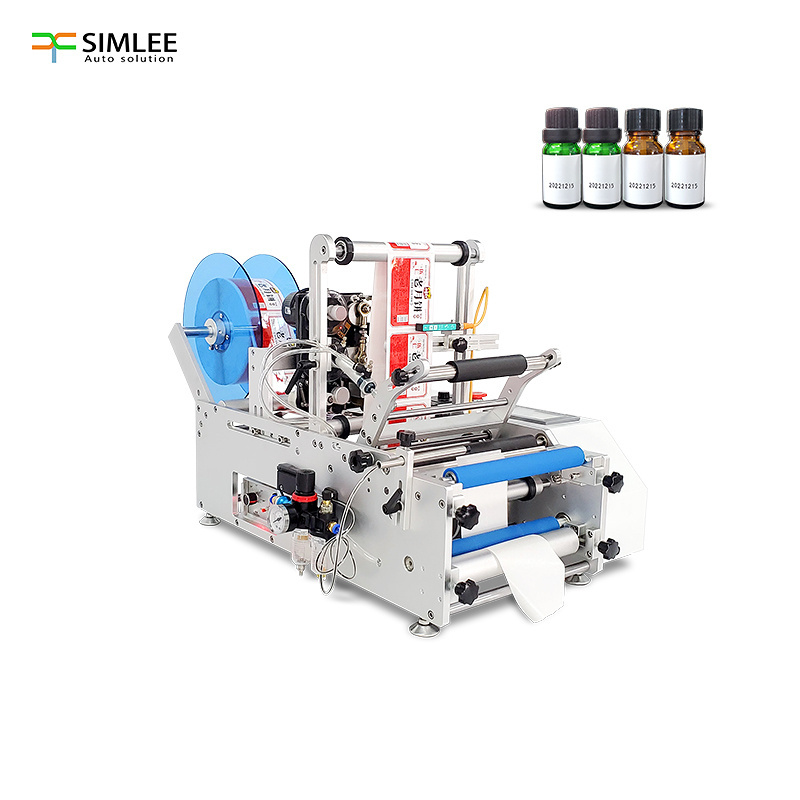 A semi-automatic round bottle labeling machine that can print information such as the production period and validity period