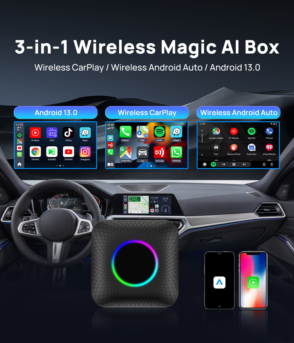 Tbox-Led Wireless Carplay Ai Box Android 13 System Universal Wired Auto Carplay Mini Carplay Ai Box With Youtube Car Play