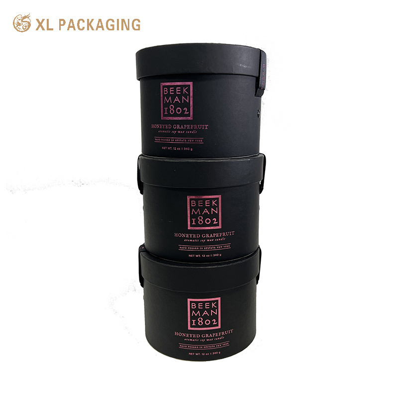 Custom Luxury Black Touch Paper Perfume Bottle Packaging Paper Tubes Candle Pack Round Box With Handle