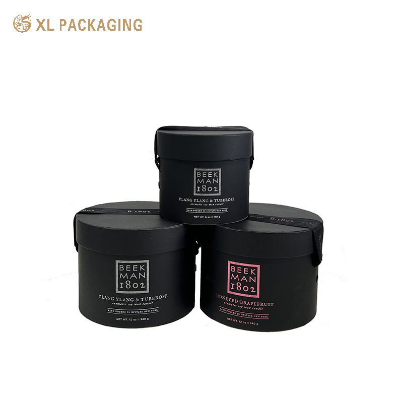 Custom Luxury Black Touch Paper Perfume Bottle Packaging Paper Tubes Candle Pack Round Box With Handle