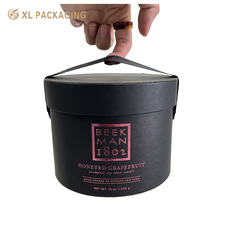 Custom Luxury Black Touch Paper Perfume Bottle Packaging Paper Tubes Candle Pack Round Box With Handle