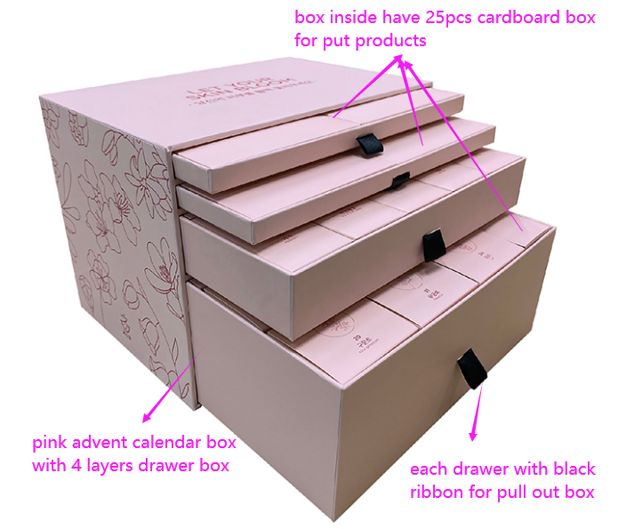 Beauty pink box Customized Glitter paper with 4 layers drawer box luxuriant 25 Advent Calendar packaging cosmetic Box