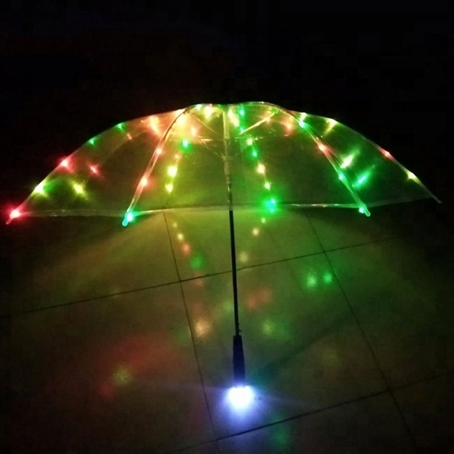 2023 Hot Sale Traditional Small High Quality Poe Functional Unique Black Led Shaft Transparent Umbrella