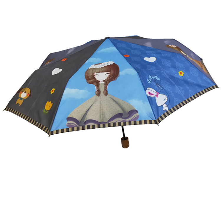 2023 Girls Cute Cartoon Custom creative design hand open ultra light portable mini 3 fold umbrella rain umbrella