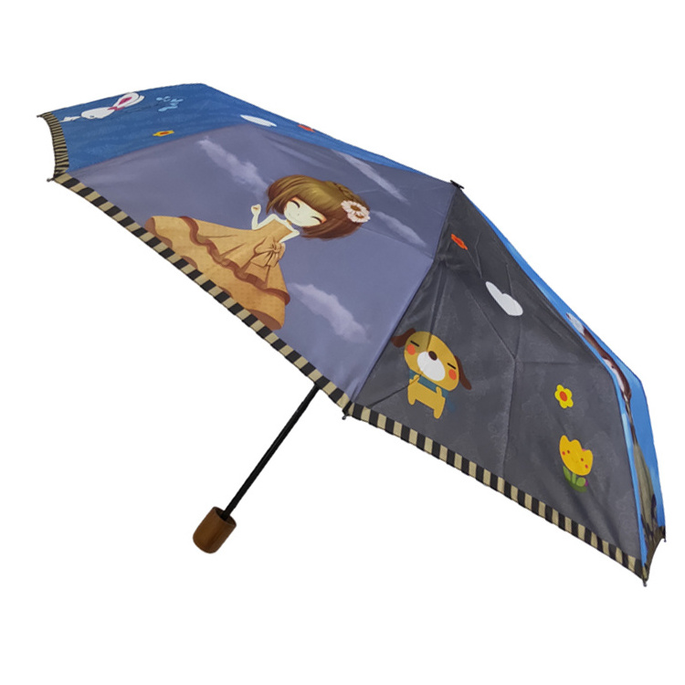 2023 Girls Cute Cartoon Custom creative design hand open ultra light portable mini 3 fold umbrella rain umbrella