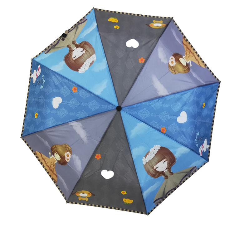 2023 Girls Cute Cartoon Custom creative design hand open ultra light portable mini 3 fold umbrella rain umbrella