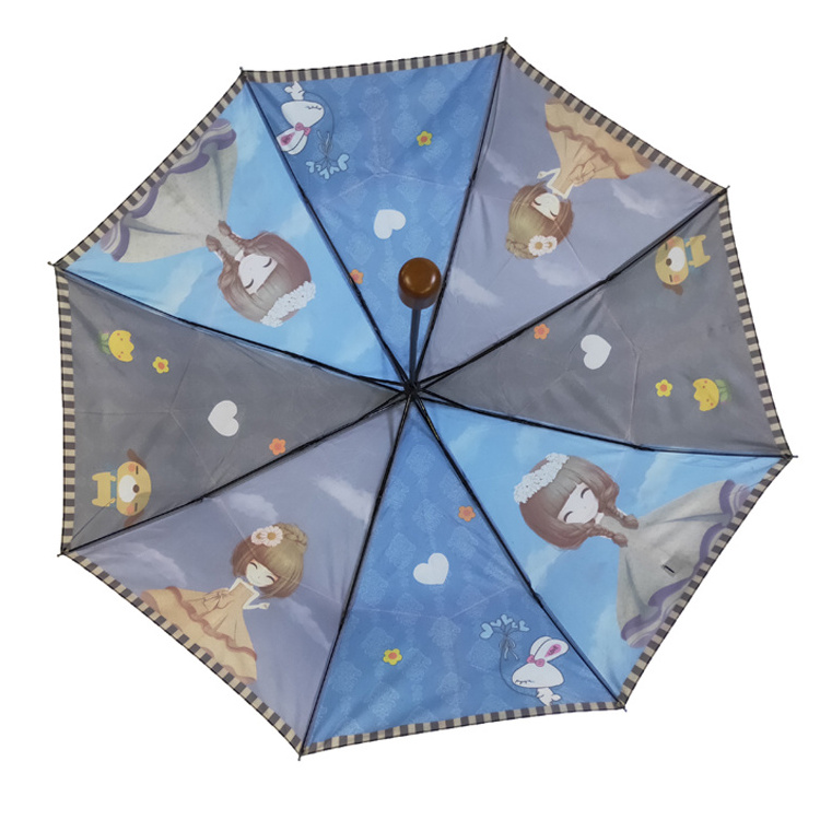 2023 Girls Cute Cartoon Custom creative design hand open ultra light portable mini 3 fold umbrella rain umbrella