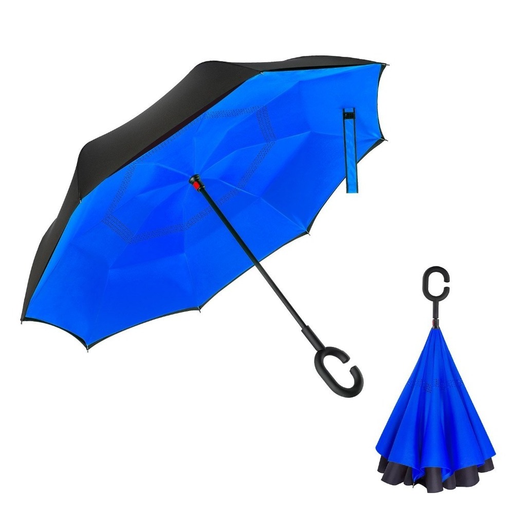 2023 Upside Down with C-Shaped  Custom Printing Hook C Handle Reverse Umbrella Self-standing Double Layer Magic Windproof