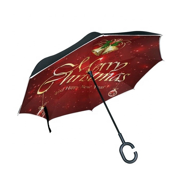 Custom Print Reverse Reversable Manual Open Christmas Cartoon Pattern Straight Customized Printing Umbrella