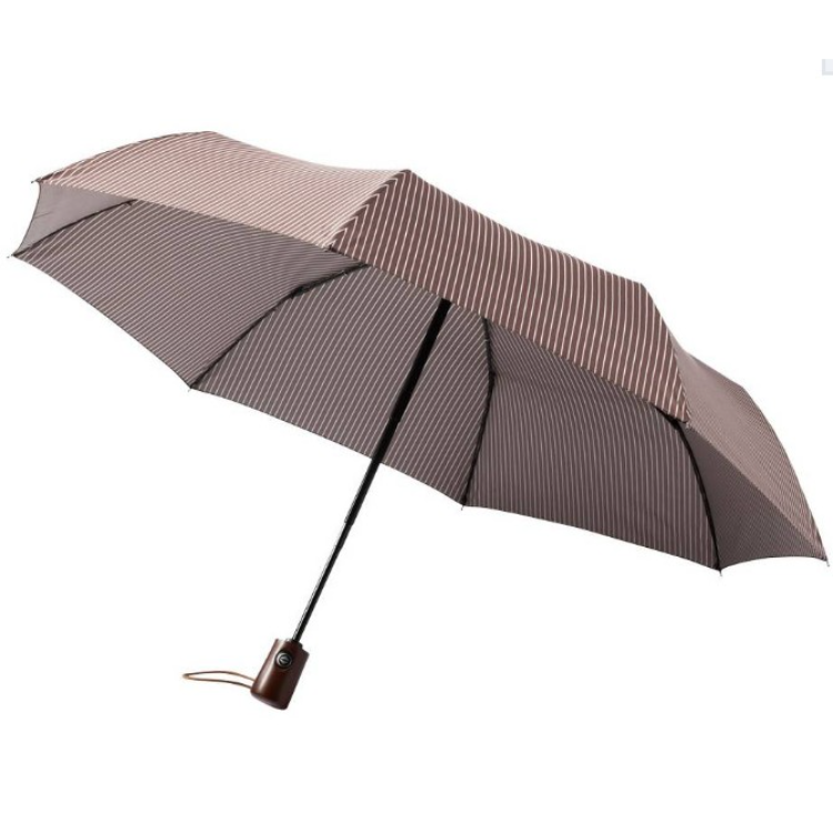 Wooden handle black metal frame homochromy striated auto open close folding umbrella