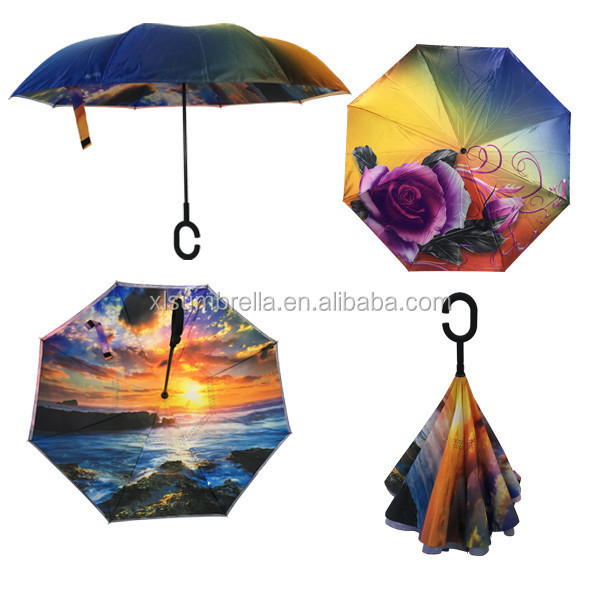 Double Layer Custom Print Satin Fabric Full Printing Inverted Upside Down Reversed 3D Umbrella