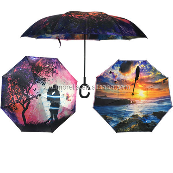 Double Layer Custom Print Satin Fabric Full Printing Inverted Upside Down Reversed 3D Umbrella