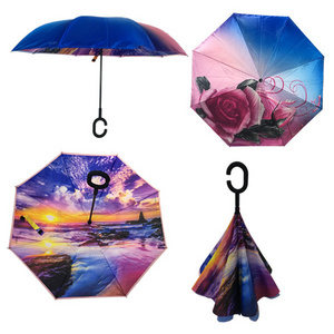 Double Layer Custom Print Satin Fabric Full Printing Inverted Upside Down Reversed 3D Umbrella