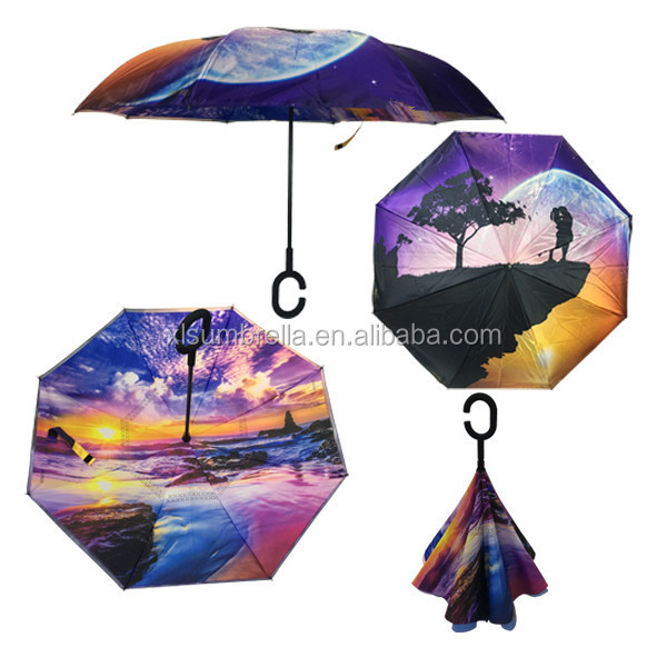 Double Layer Custom Print Satin Fabric Full Printing Inverted Upside Down Reversed 3D Umbrella