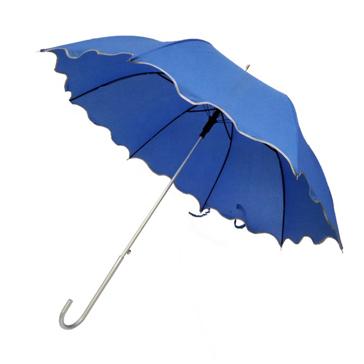 High quality aluminum shaft long handle flower edge auto open windproof straight rainy umbrella