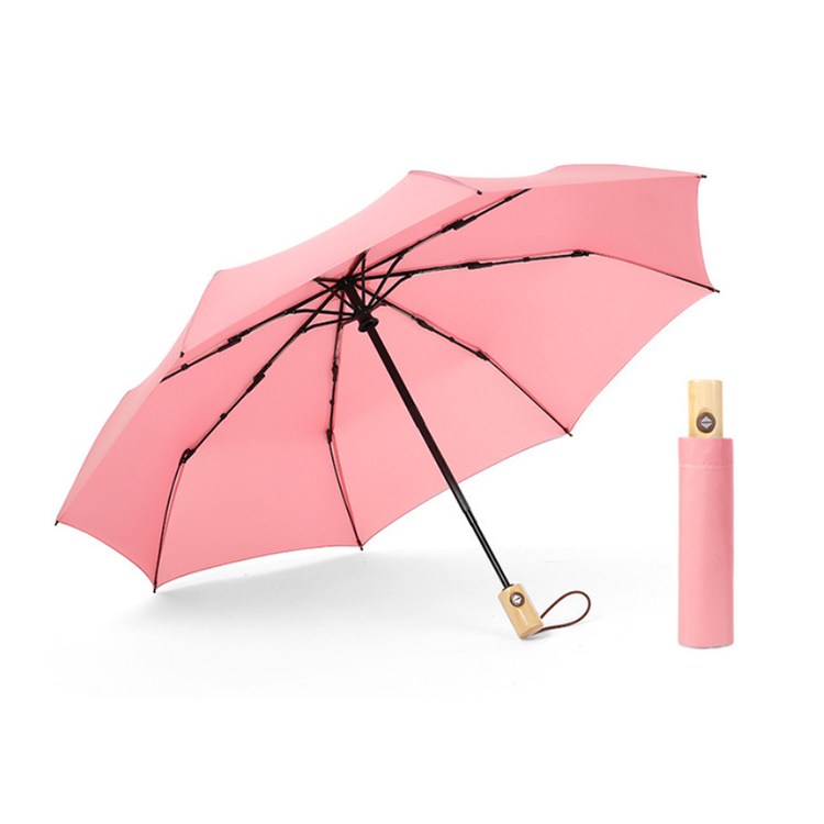 Travel Strong Windproof Wood Handle candy color 3 Folding Automatic Open Umbrella