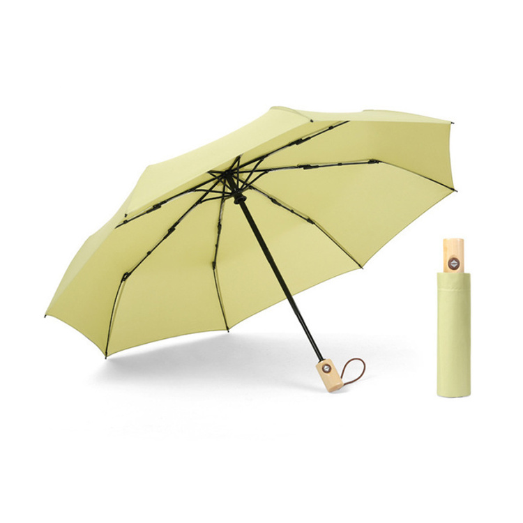 Travel Strong Windproof Wood Handle candy color 3 Folding Automatic Open Umbrella