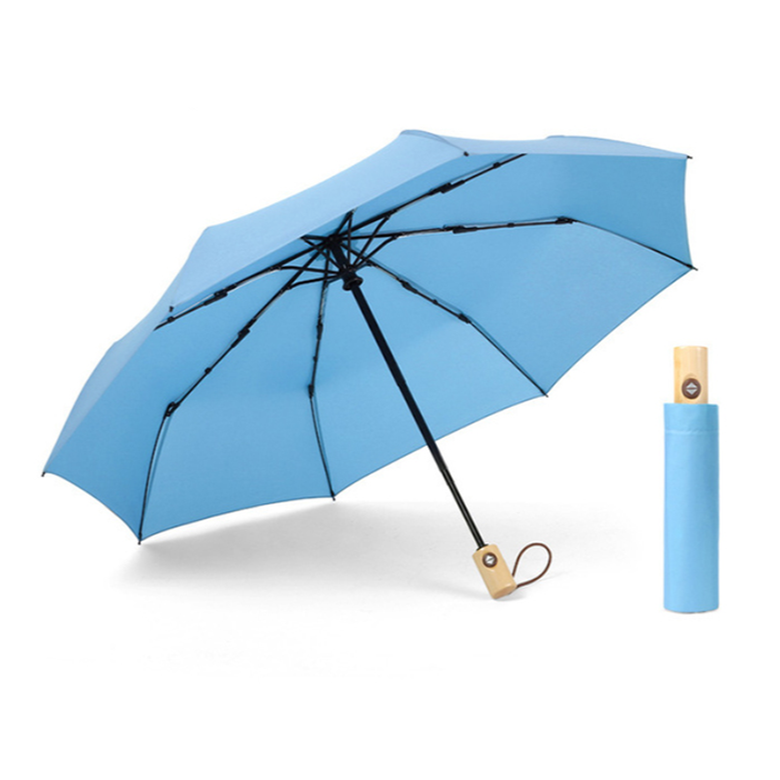 Travel Strong Windproof Wood Handle candy color 3 Folding Automatic Open Umbrella