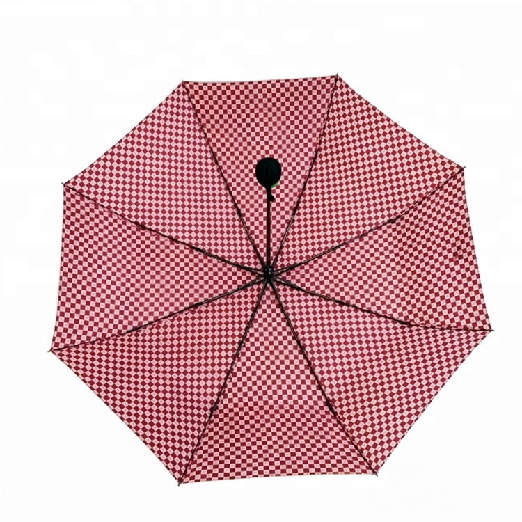 Custom Super Light Red Plaid Metal Frame Two Folding Windproof Auto Open Uv Protection Umbrella