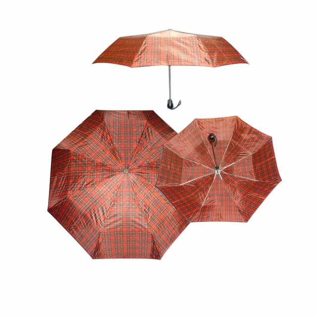 Customization Red Plaid 3 Folding windproof Ruffle Auto Open Plastic Handle Umbrella