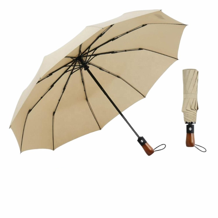 custom multicolor 10 Ribs Auto Folding Umbrella Real Wood Handle Vented Windproof umbrella