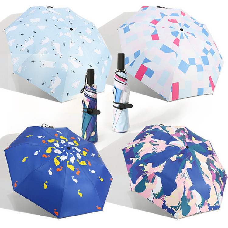 Black UV protection  rainy and sunny  windproof lady Print Black Coating UV Protection Sun Parasol 3 Fold Rain umbrella