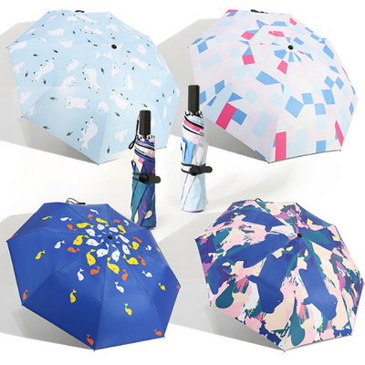 Black UV protection  rainy and sunny  windproof lady Print Black Coating UV Protection Sun Parasol 3 Fold Rain umbrella