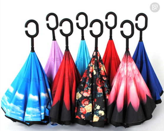 Hot sale hands free C handle double layer upside down reverse  inversion inverted car umbrella