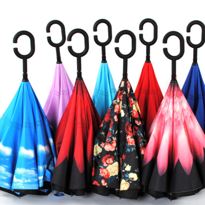 Hot sale hands free C handle double layer upside down reverse  inversion inverted car umbrella