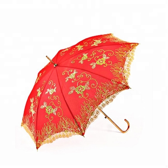 China supplier wholesale red Lace edge  Wedding Umbrella Bride Marry umbrella