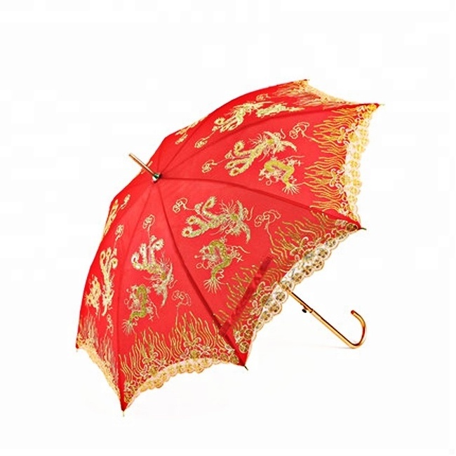 China supplier wholesale red Lace edge  Wedding Umbrella Bride Marry umbrella