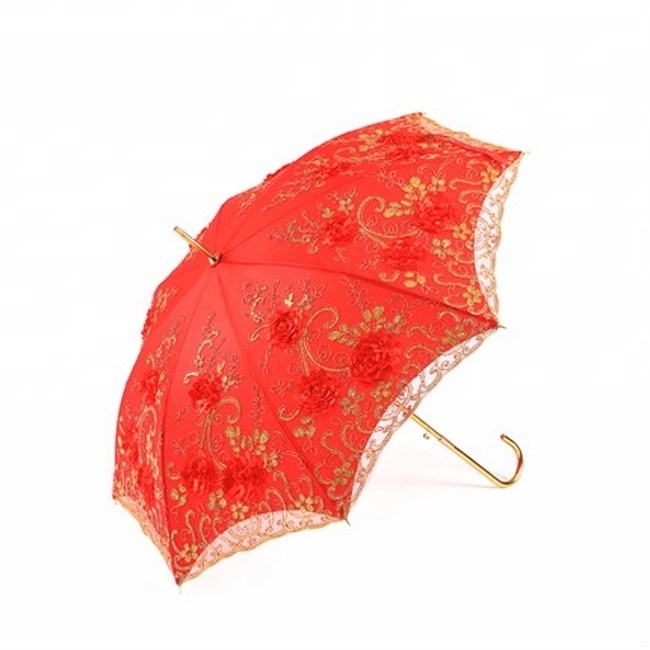 China supplier wholesale red Lace edge  Wedding Umbrella Bride Marry umbrella