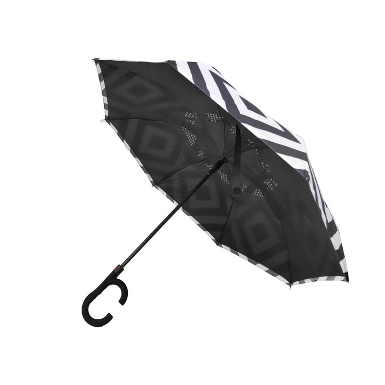 Upside Down with C-Shaped 2023 hot sale Custom Pattern Double Layer Inside Out C Shape Handle Inverted Reverse Umbrella with Log