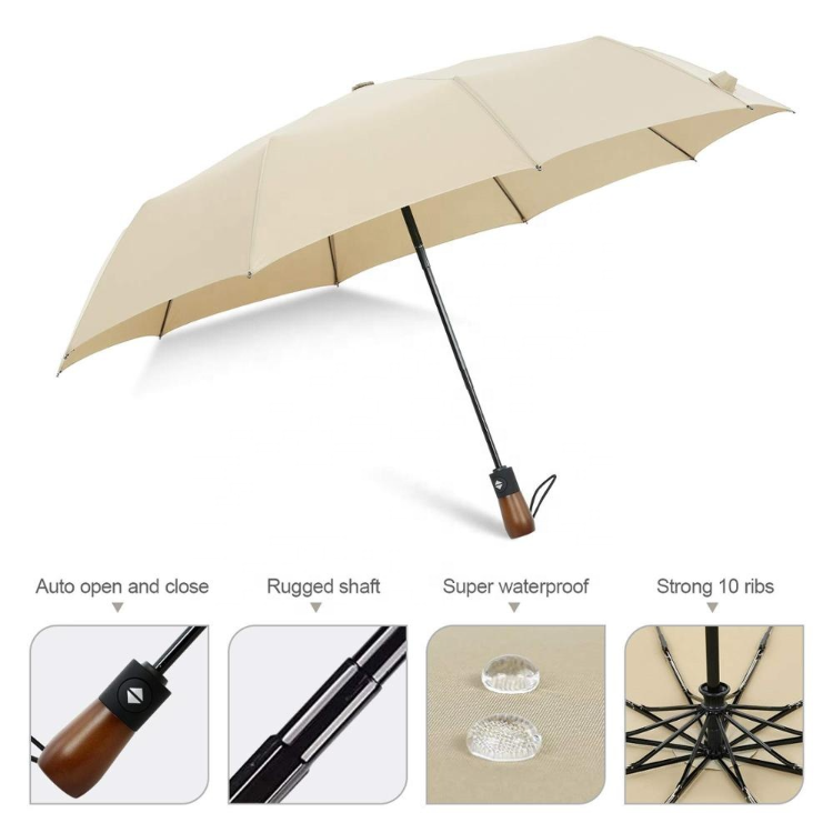 custom multicolor 10 Ribs Auto Folding Umbrella Real Wood Handle Vented Windproof umbrella