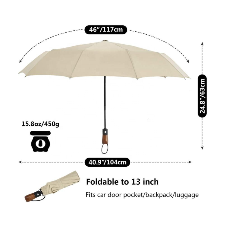 custom multicolor 10 Ribs Auto Folding Umbrella Real Wood Handle Vented Windproof umbrella