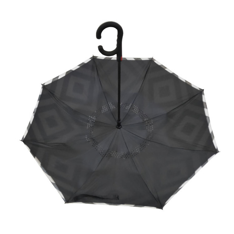 Upside Down with C-Shaped 2023 hot sale Custom Pattern Double Layer Inside Out C Shape Handle Inverted Reverse Umbrella with Log