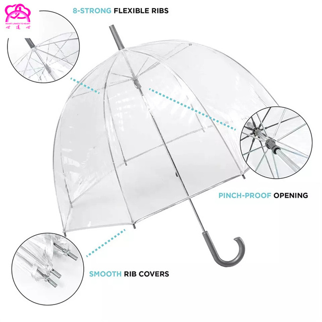 Wholesale custom LOGO clear transparent straight umbrella ,  Dome umbrella clear disposable umbrella.