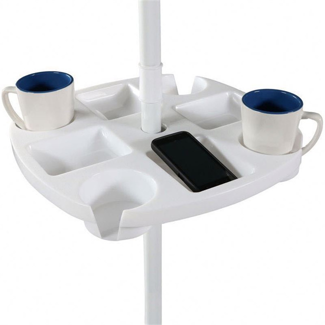 Hot sale cheap outdoor white plastic beach umbrella tables small with 4 cup holders, beach umbrella tray.