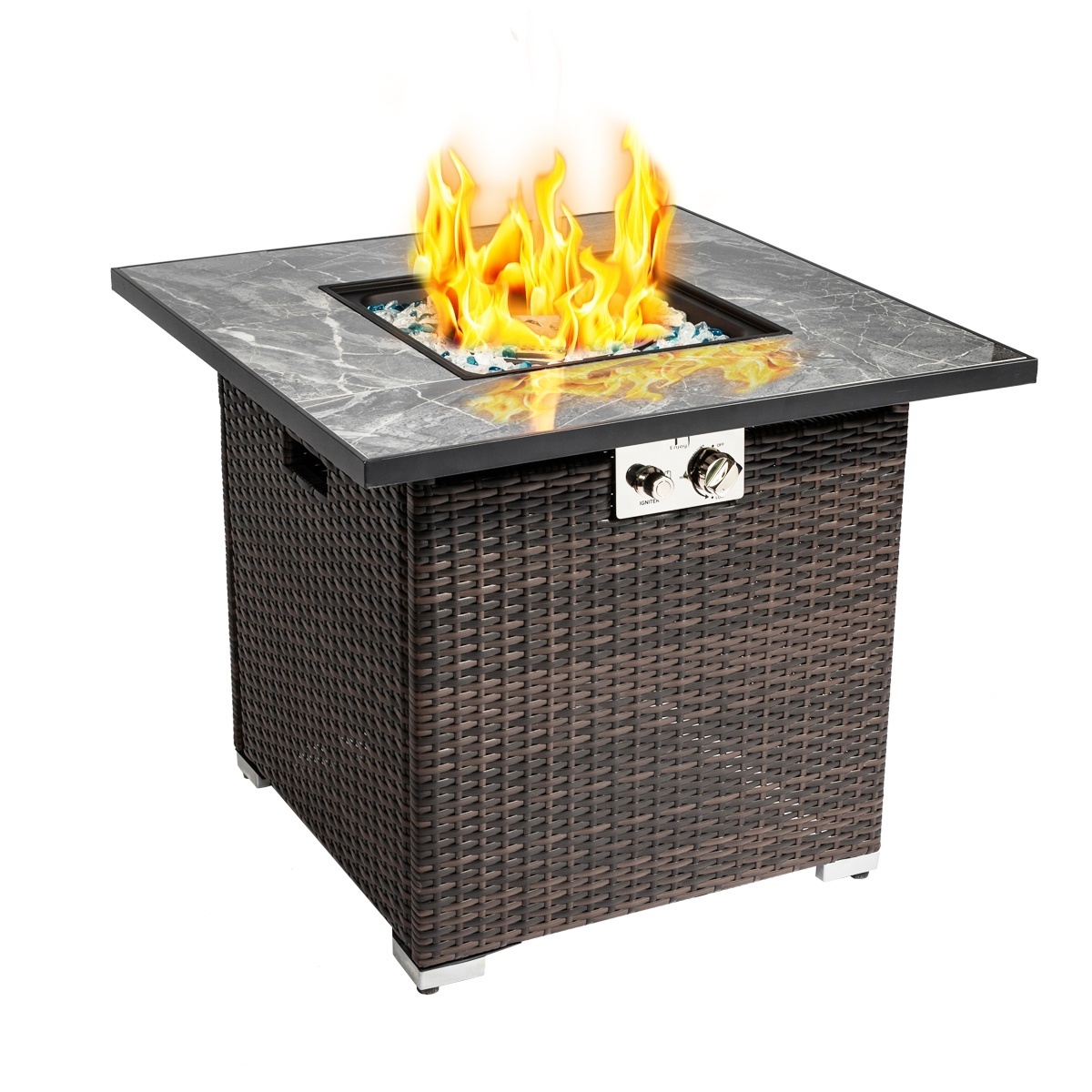 Gas Fire Pit Table, 40,000 BTU Outdoor Wicker Patio Propane Fire pit w/Tile Tabletop, Glass Rocks, Cover