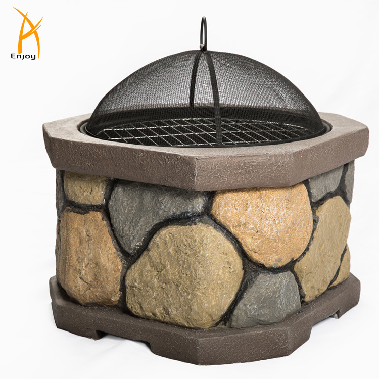 Round Fire Pit with  Charcoal rack Octagon Stone Look Magnesium oxide