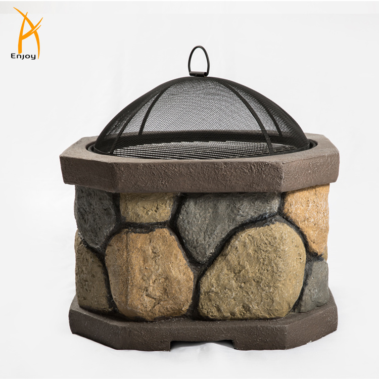 Round Fire Pit with  Charcoal rack Octagon Stone Look Magnesium oxide