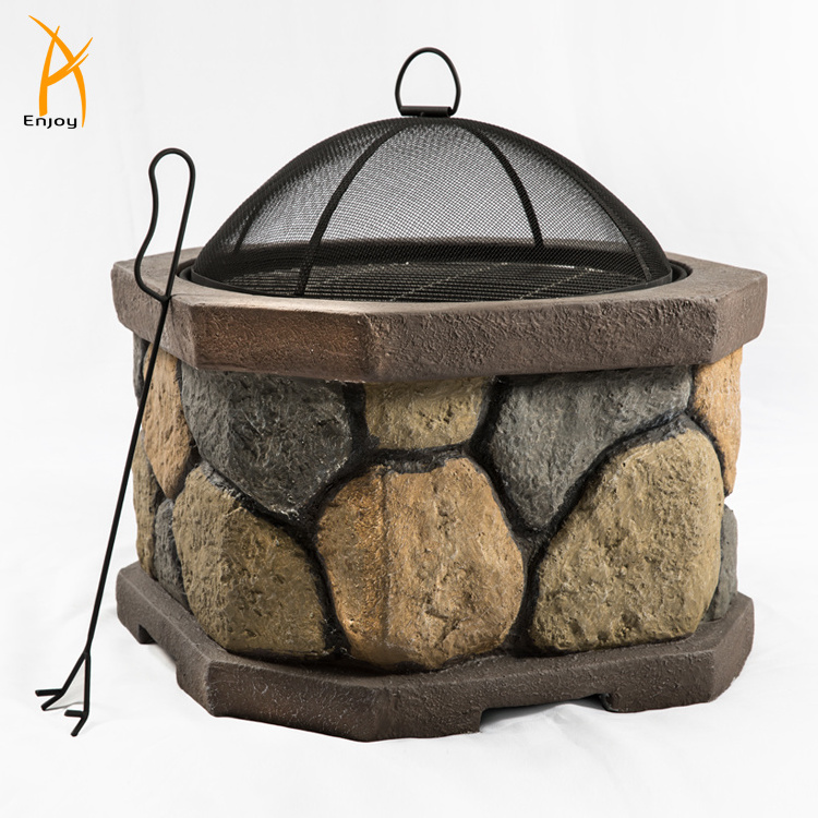 Round Fire Pit with  Charcoal rack Octagon Stone Look Magnesium oxide